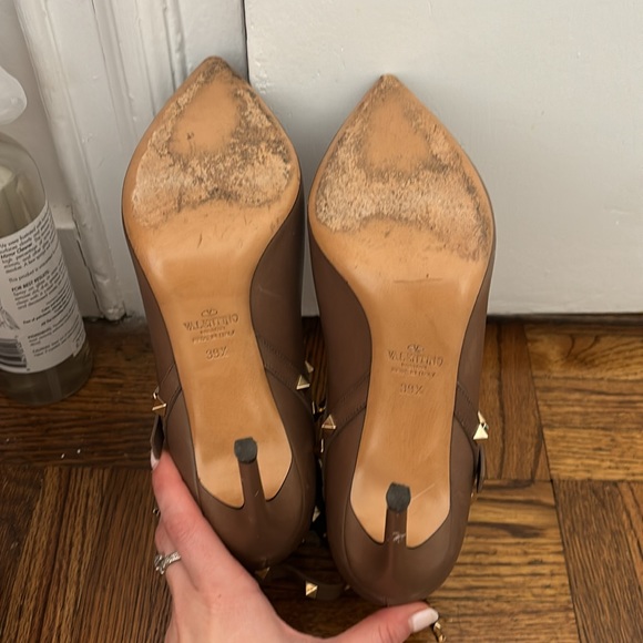 VALENTINO GARAVANI Calfskin Rockstud Double Buckle 100mm Ankle Boots Nocciola - Picture 6 of 9